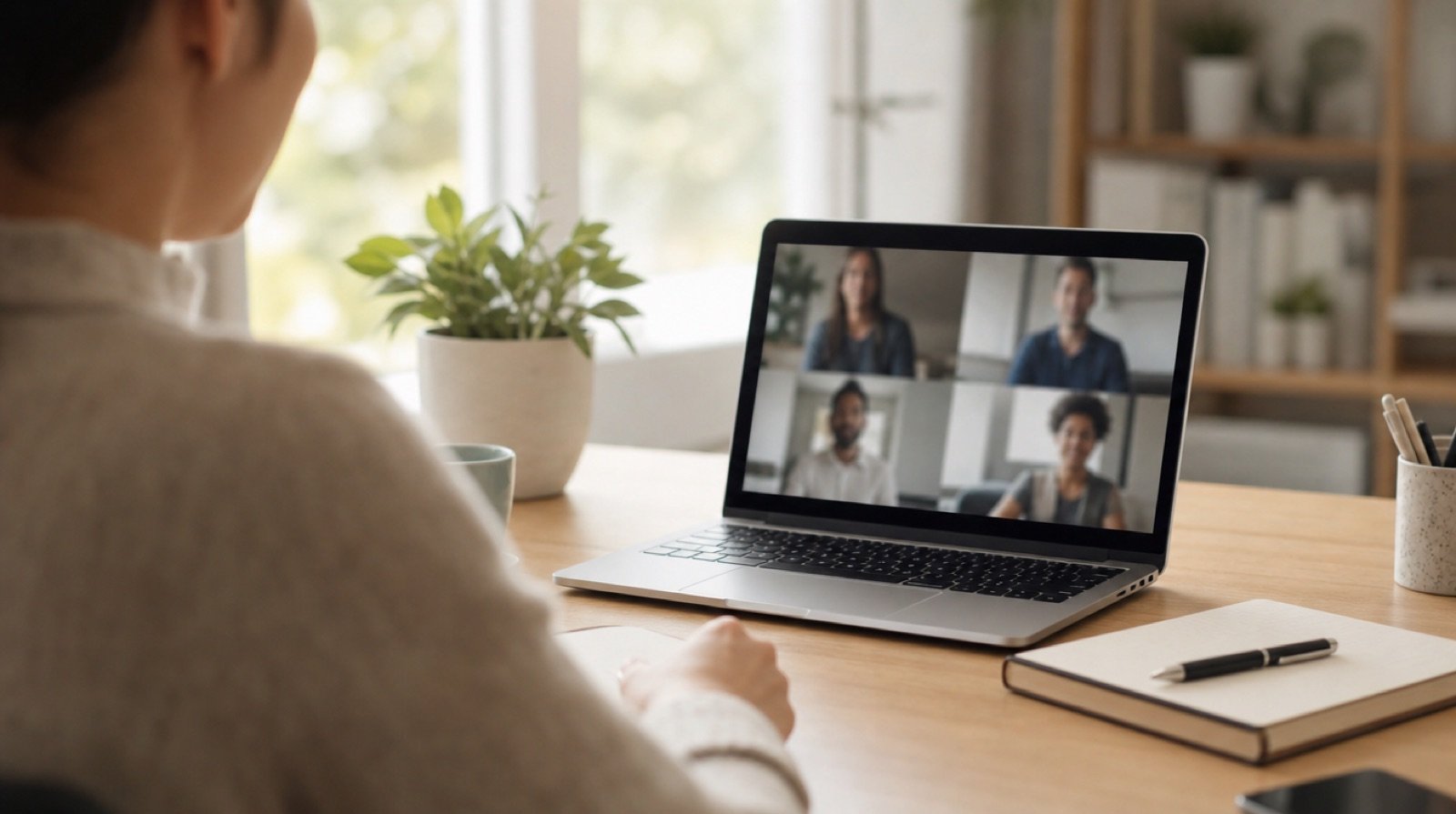 A person on a video call at a bright desk